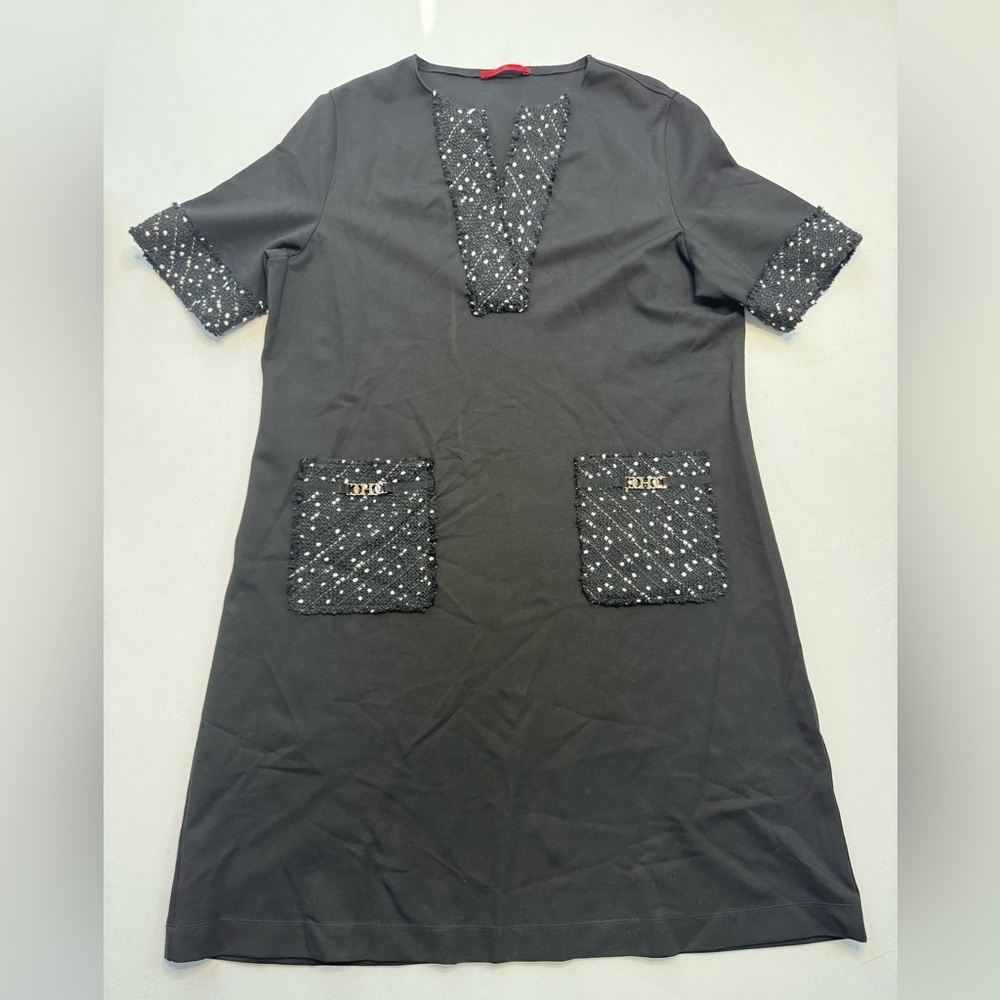 Carolina Herrera Shift Dress w Pockets Black with Tweed Details Size L